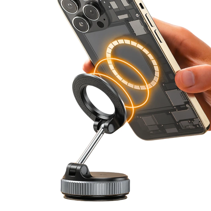 Soporte porta celular magnético para auto. Base con botón de bloqueo y fijación firme en superficies lisas. Disponible en Todo Austral Ushuaia.