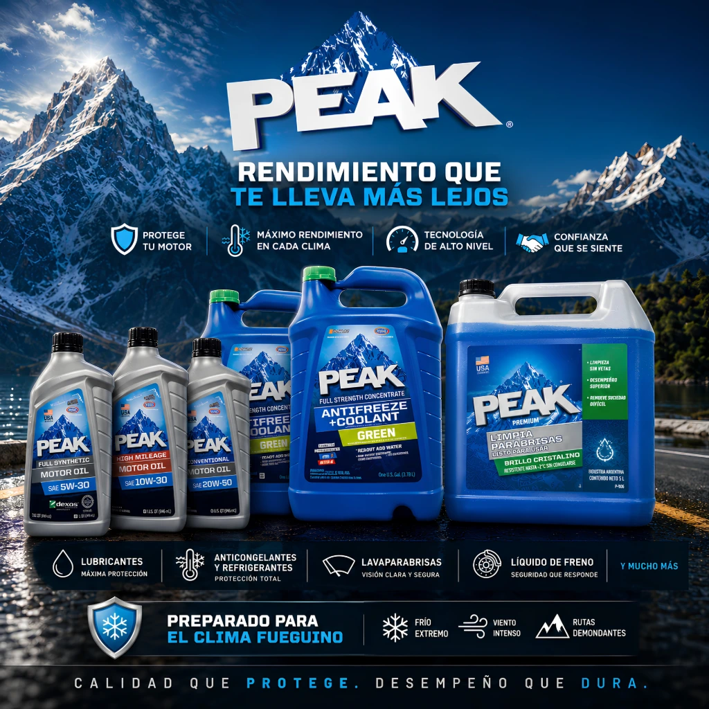 PEAK TODA LA LINEA. ACEITE PARA MOTOR 20W50, 10W40, 5W40 Y MÁS PARA AUTO, CAMIONETA, MOTO Y CUATRIS. LUBRICANTES Y ADITIVOS, LIQUIDO PARA FRENOS, LAVAPARABRISAS, ANTICONGELANTES REFRIGERANTES, AGUA DESMINERALIZADA. TODO AUSTRAL REPUESTOS Y ACCESORIOS USHUAIA TIERRA DEL FUEGO