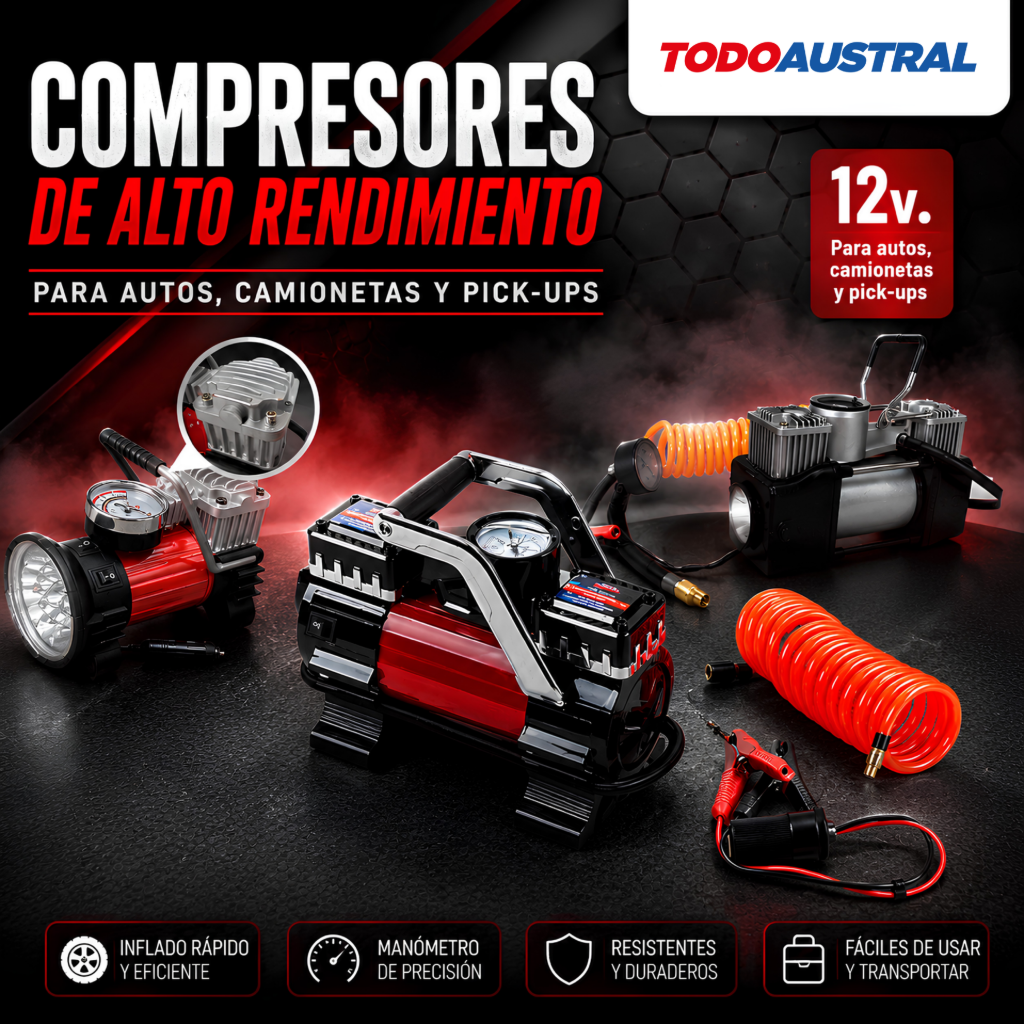 Compresor portátil para inflar neumáticos de autos y camionetas en Ushuaia